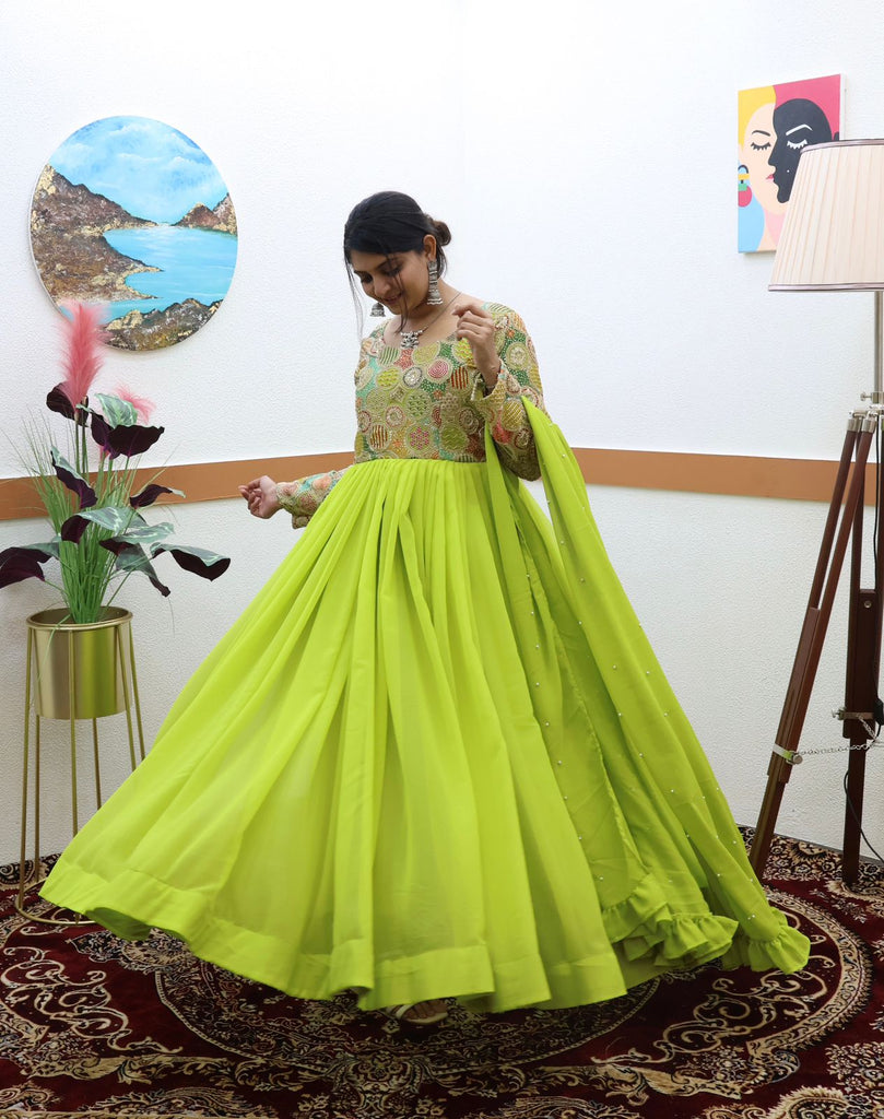slim fit dress slacks Parrot Green Color Beautiful Thread Work Gown – RangmatiFashion