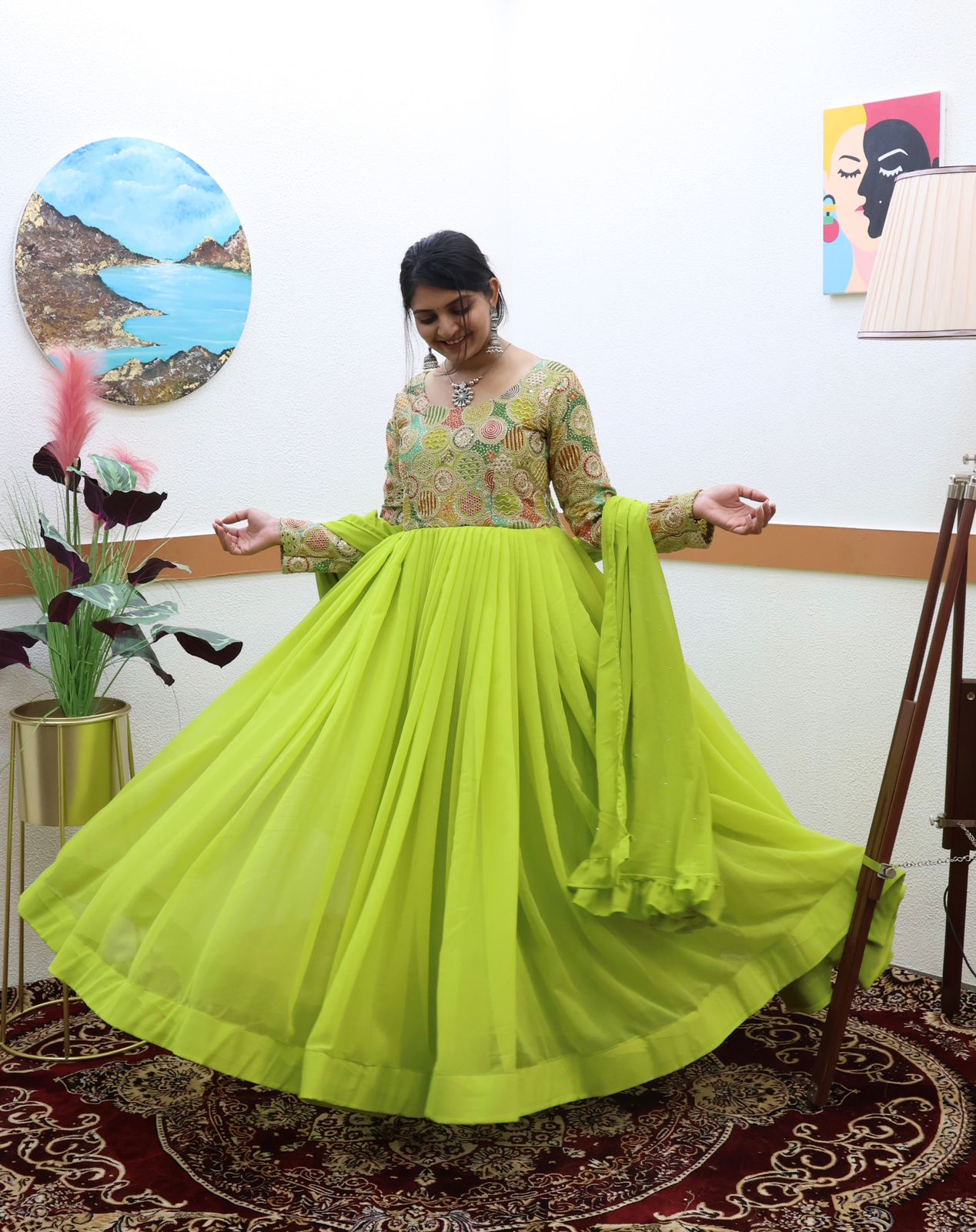 Parrot Green Color Beautiful Thread Work Gown RangmatiFashion Parrot Green Color Beautiful Thread Work Gown RangmatiFashion