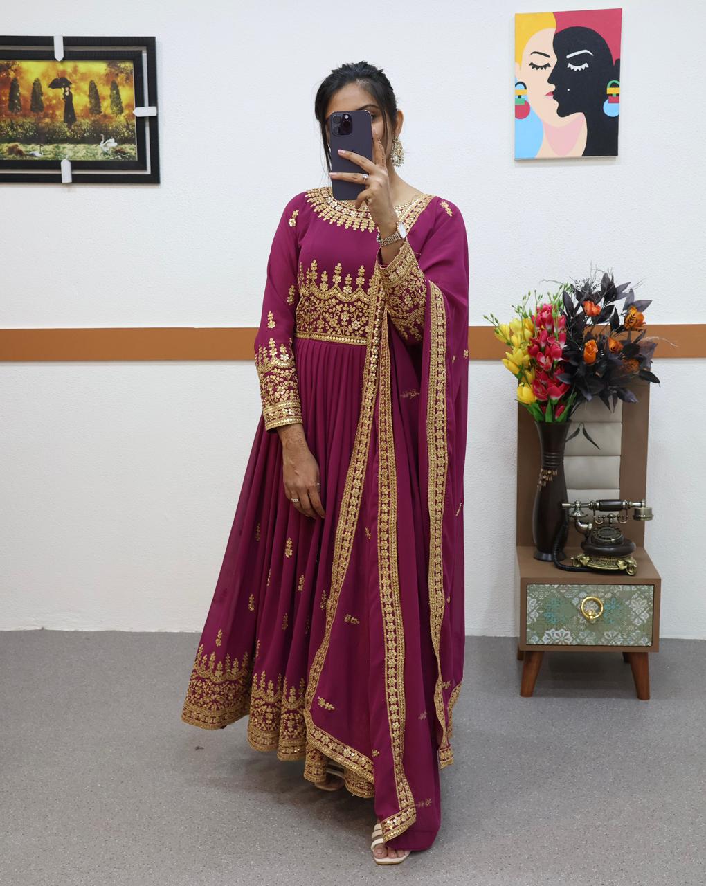 Wine Color Beautiful Thread Work Gown