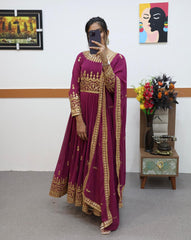 Wine Color Beautiful Thread Work Gown