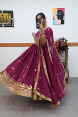 Wine Color Beautiful Thread Work Gown