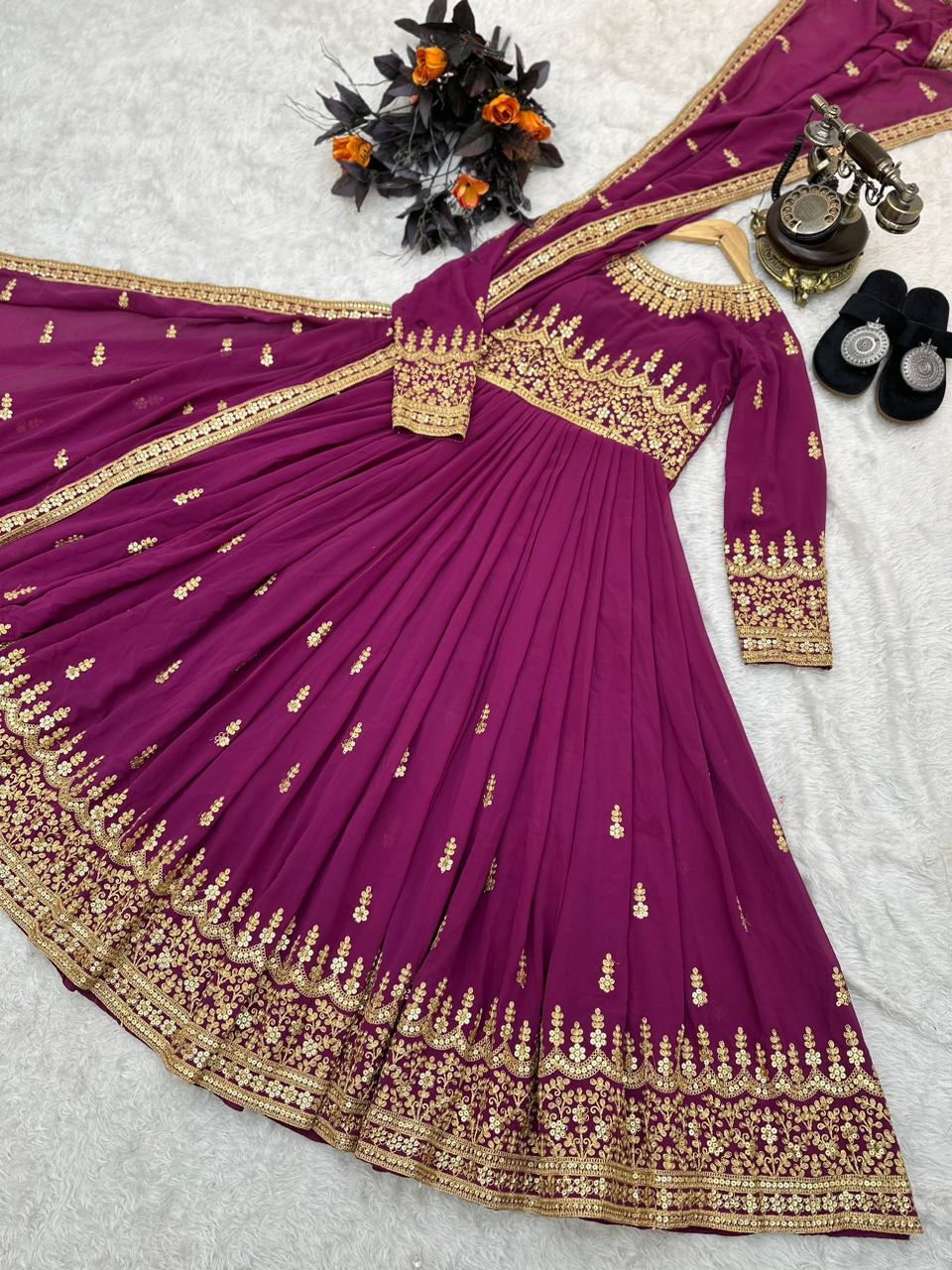 Wine Color Beautiful Thread Work Gown