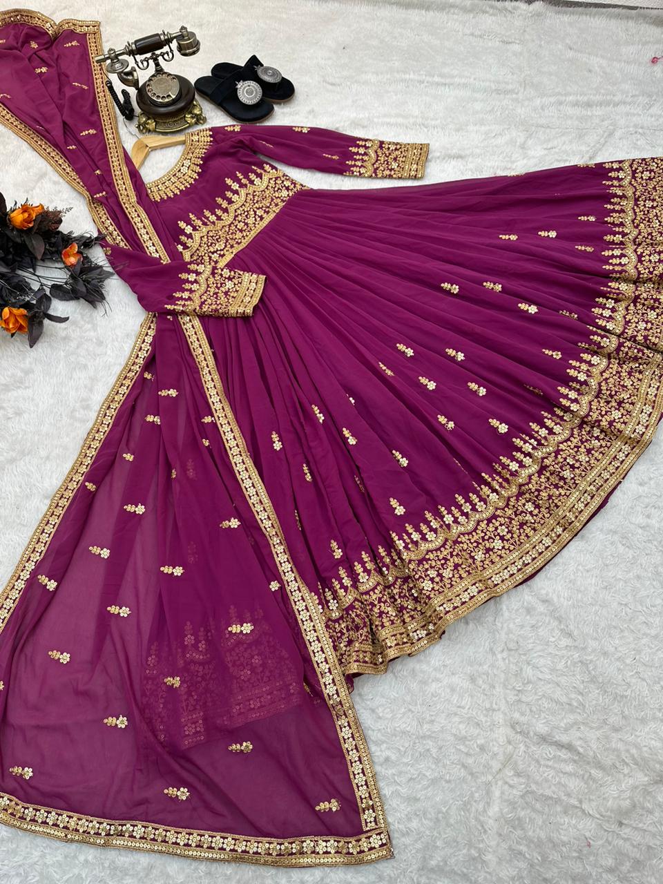 Wine Color Beautiful Thread Work Gown