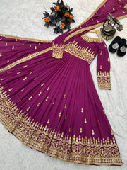 Wine Color Beautiful Thread Work Gown