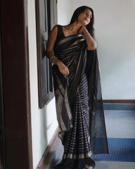 Silver Jari Design Black Color Lichi Silk Saree
