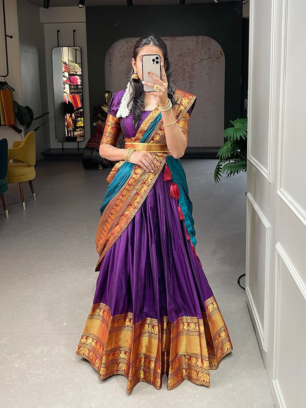 Broad Zari Weaving Border Purple Color Lehenga Choli