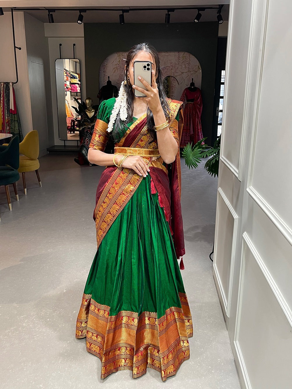 Broad Zari Weaving Border Green Color Lehenga Choli