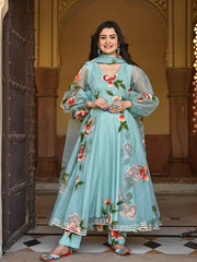 Sky Blue Color Gota Patti Work Digital Printed Gown