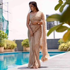 Fancy Border Sequence Work Beige Color Net Saree