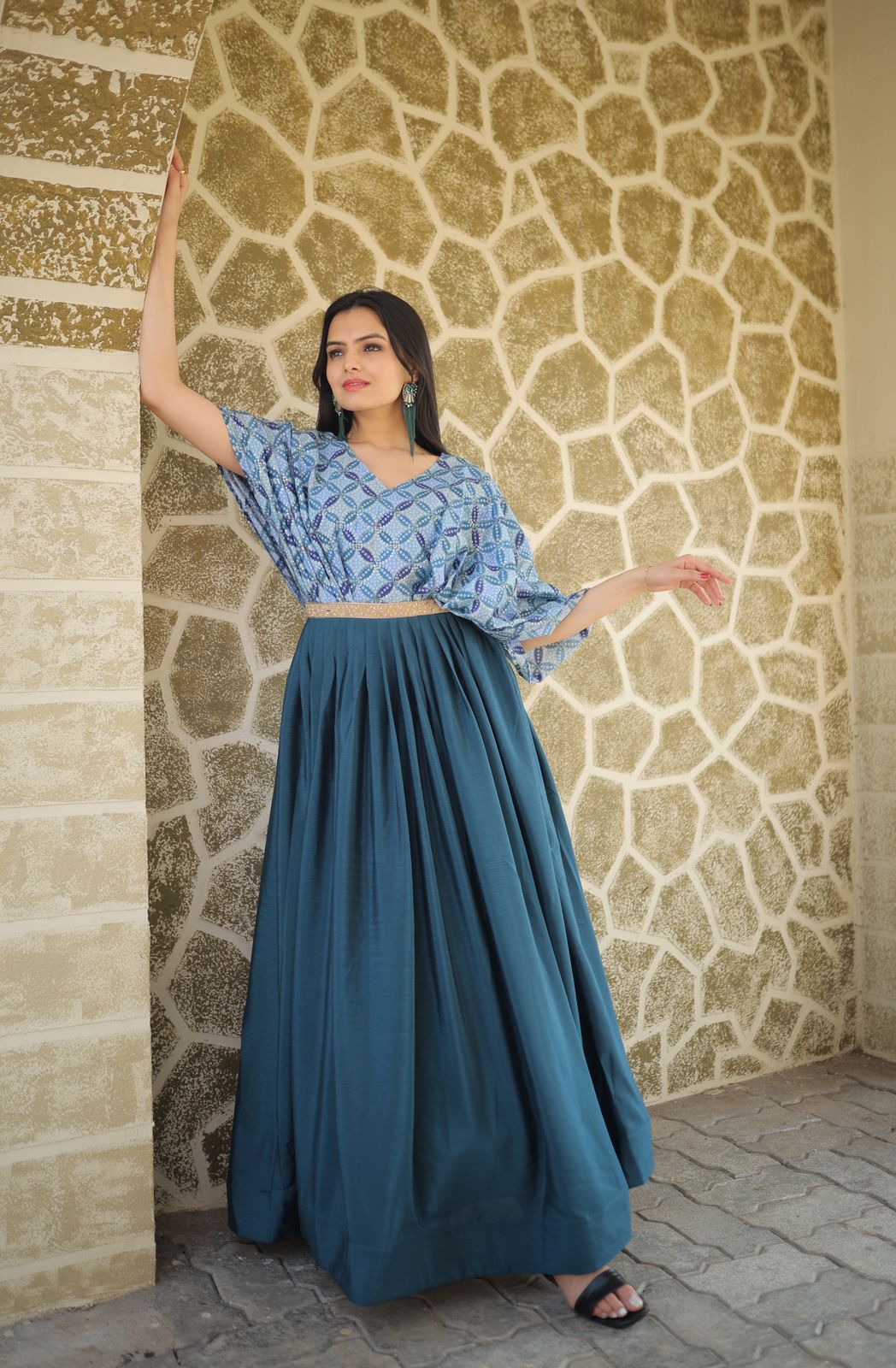 Trendy Work Belt Pattern Navy Blue Color Gown