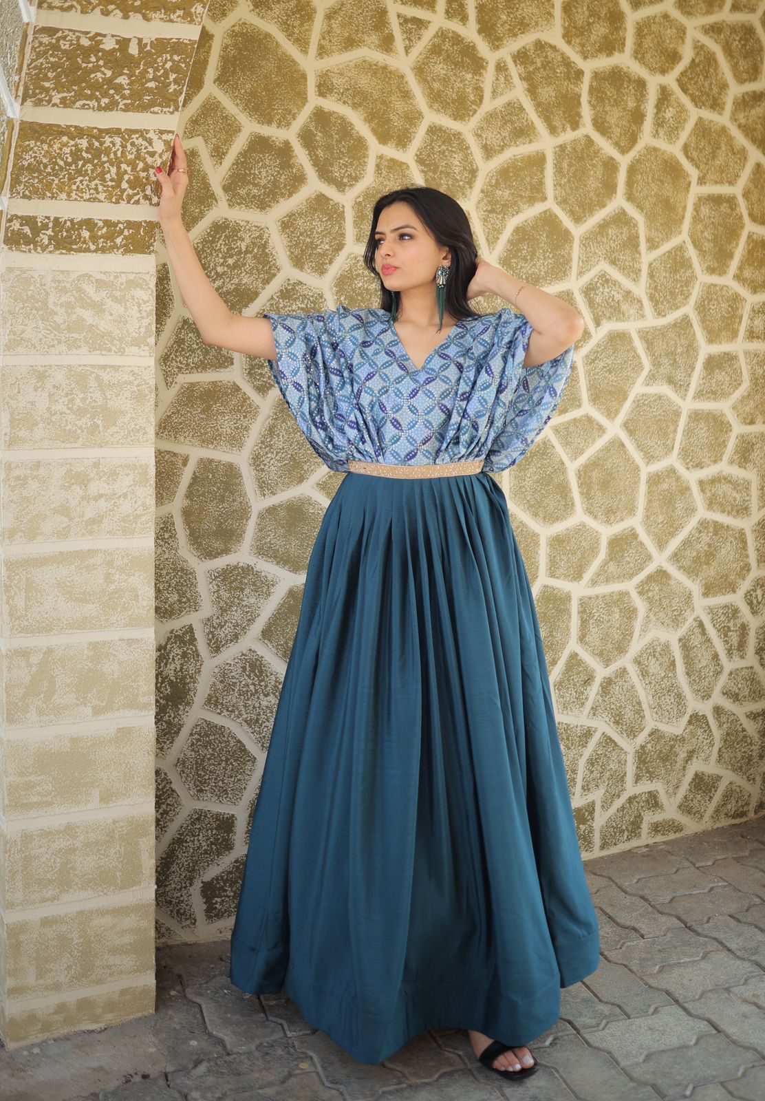 Trendy Work Belt Pattern Navy Blue Color Gown