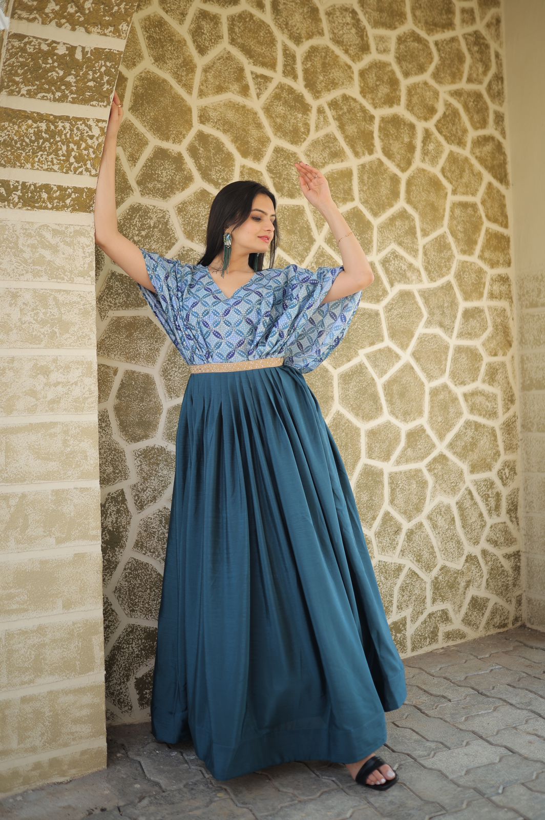 Trendy Work Belt Pattern Navy Blue Color Gown