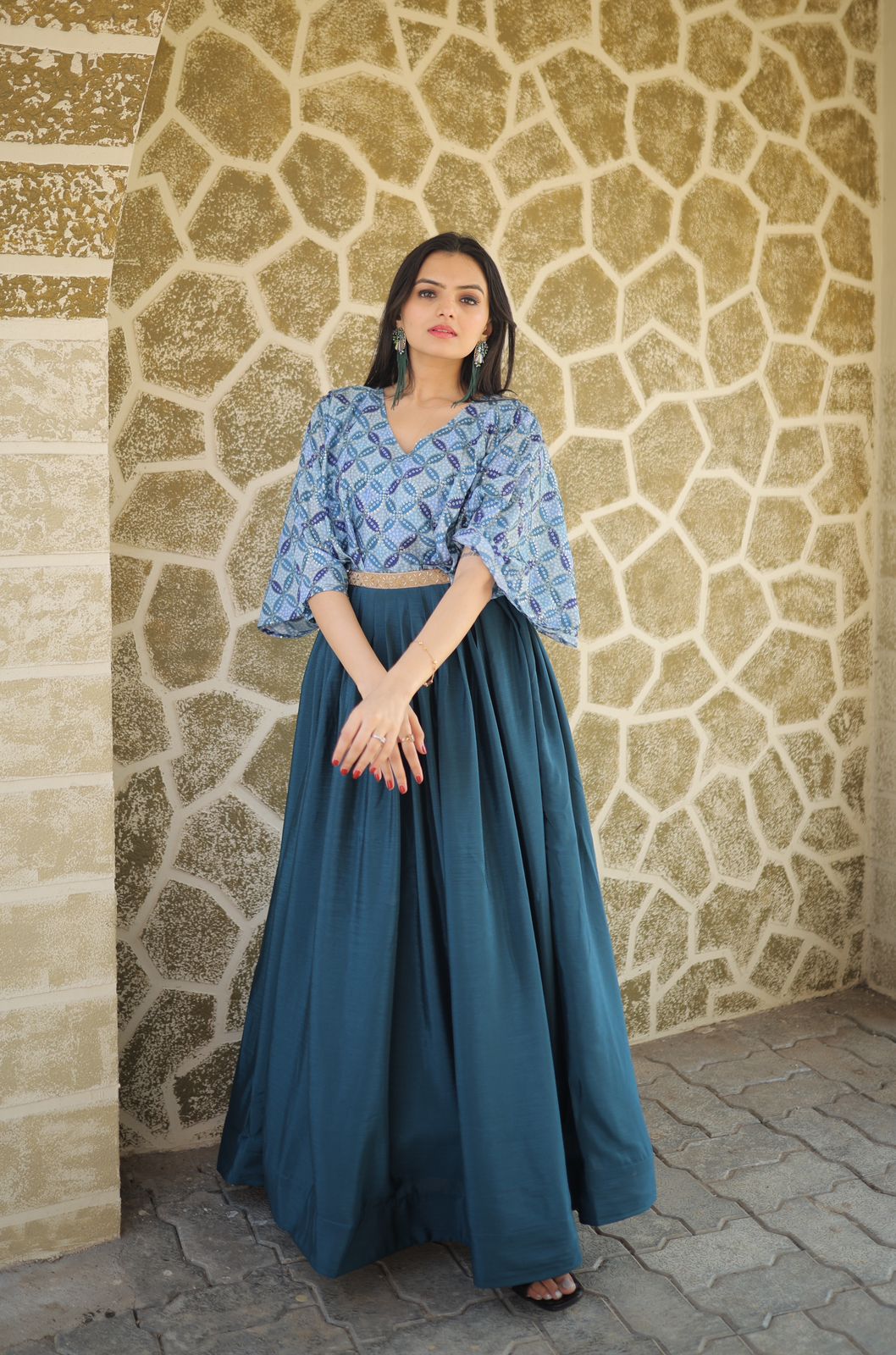 Trendy Work Belt Pattern Navy Blue Color Gown