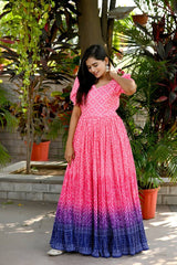 Gorgeous Pink Color Rich Print With Plated Gown