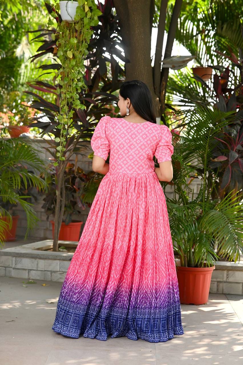 Gorgeous Pink Color Rich Print With Plated Gown