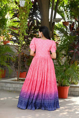Gorgeous Pink Color Rich Print With Plated Gown