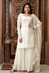 Outstanding Thread Work White Color Designer Sharara Suit