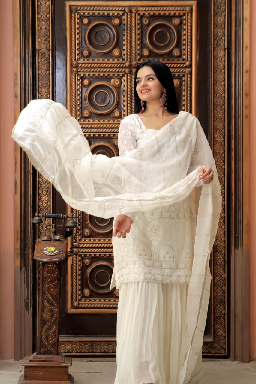 Outstanding Thread Work White Color Designer Sharara Suit