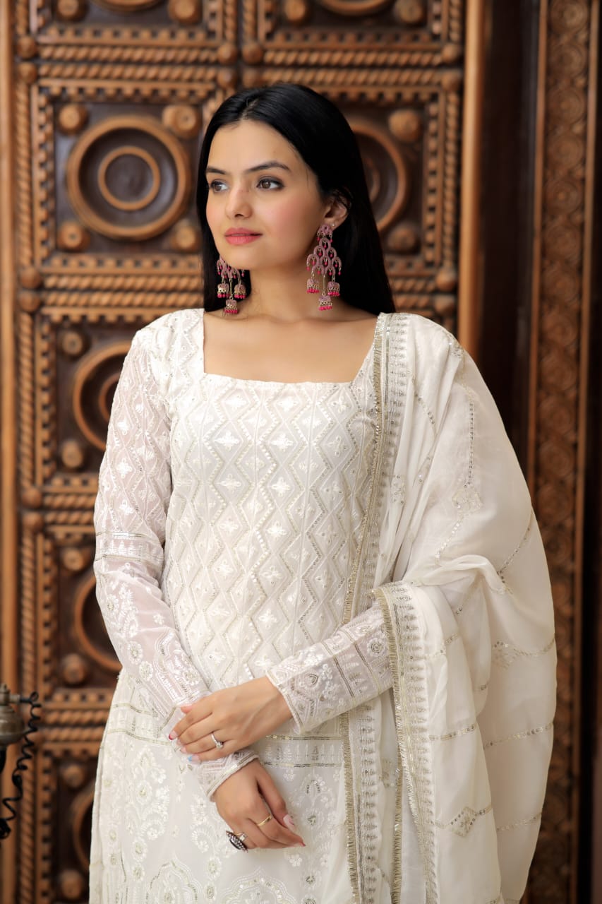 Outstanding Thread Work White Color Designer Sharara Suit