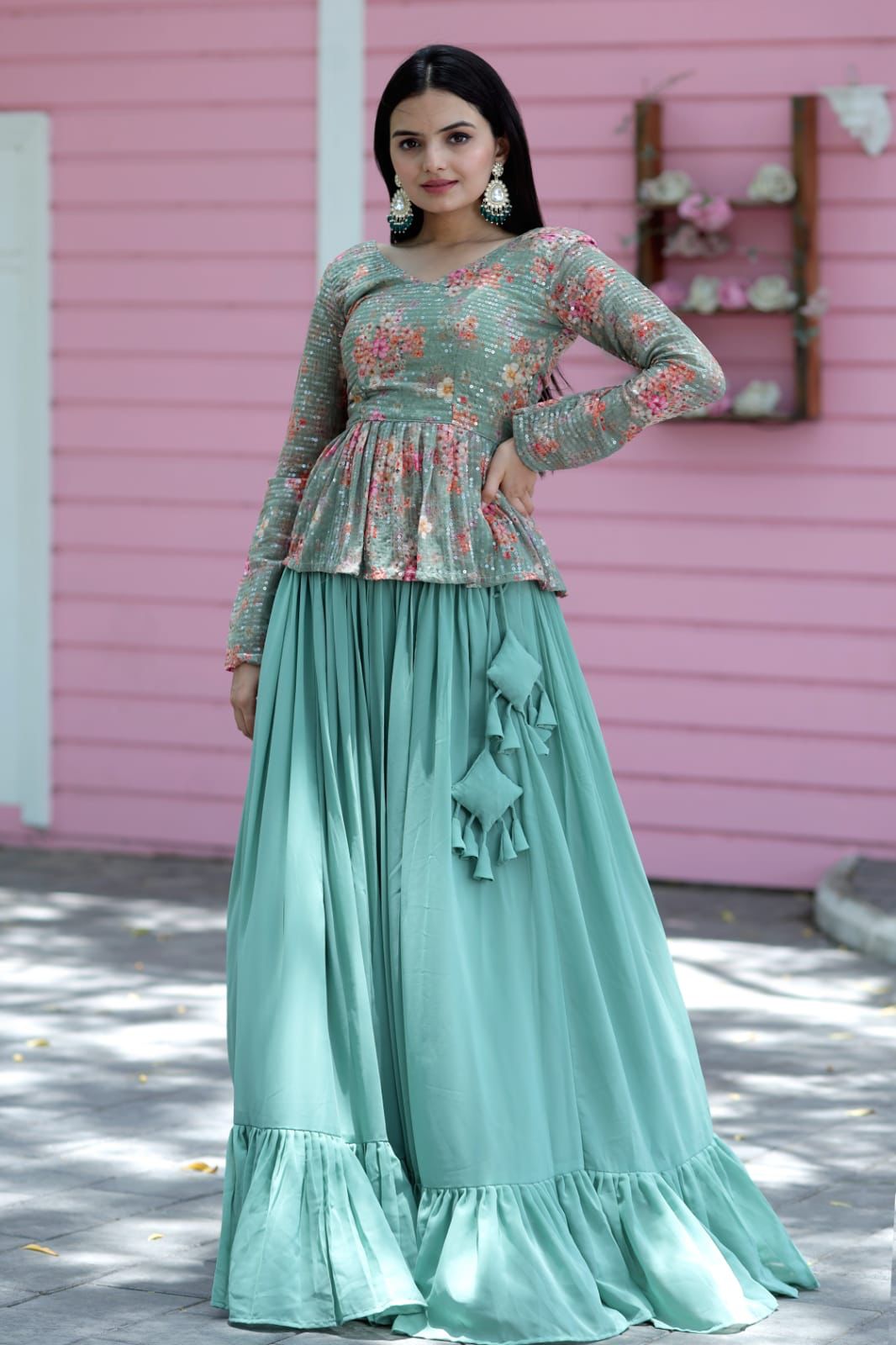 Glorious Pista Green Fully Sequence Work Lehenga With Top