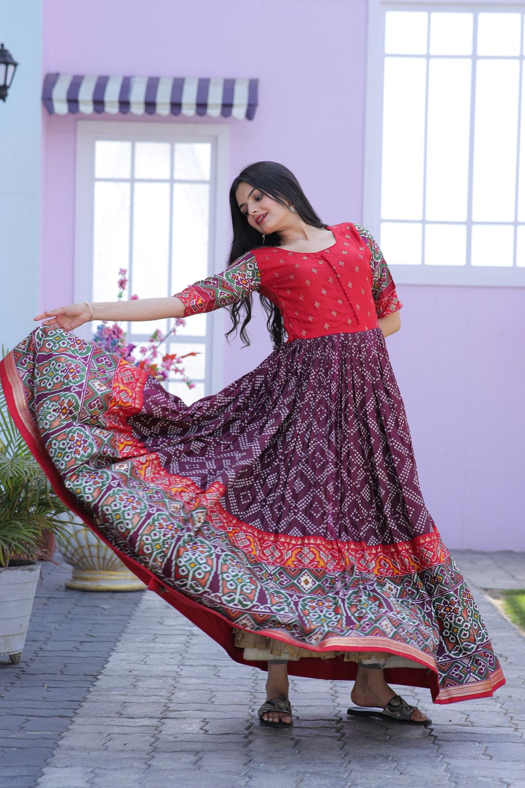 Patola Designer Print Wine Color Gown