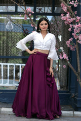 Wine Color Plain Lehenga With White Fancy Top