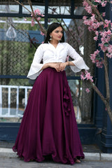 Wine Color Plain Lehenga With White Fancy Top