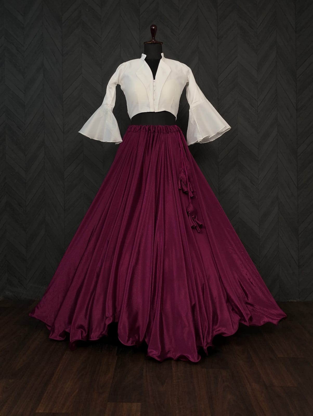 Wine Color Plain Lehenga With White Fancy Top