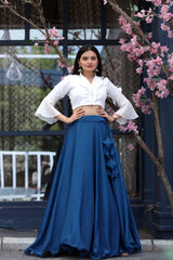 Navy Blue Color Plain Lehenga With White Fancy Top