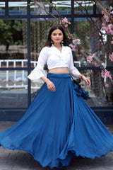 Navy Blue Color Plain Lehenga With White Fancy Top