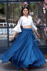 Navy Blue Color Plain Lehenga With White Fancy Top