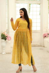 Superhit Yellow Color Bandhej Digital Print Kurti
