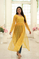 Superhit Yellow Color Bandhej Digital Print Kurti