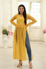 Superhit Yellow Color Bandhej Digital Print Kurti