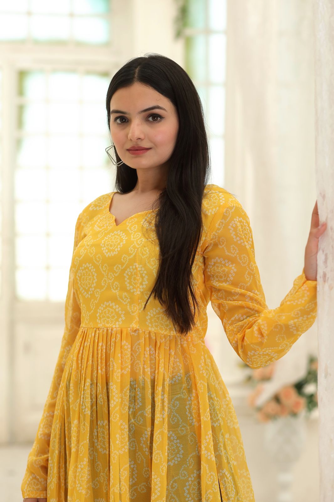 Superhit Yellow Color Bandhej Digital Print Kurti
