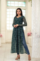 Superhit Green Color Bandhej Digital Print Kurti