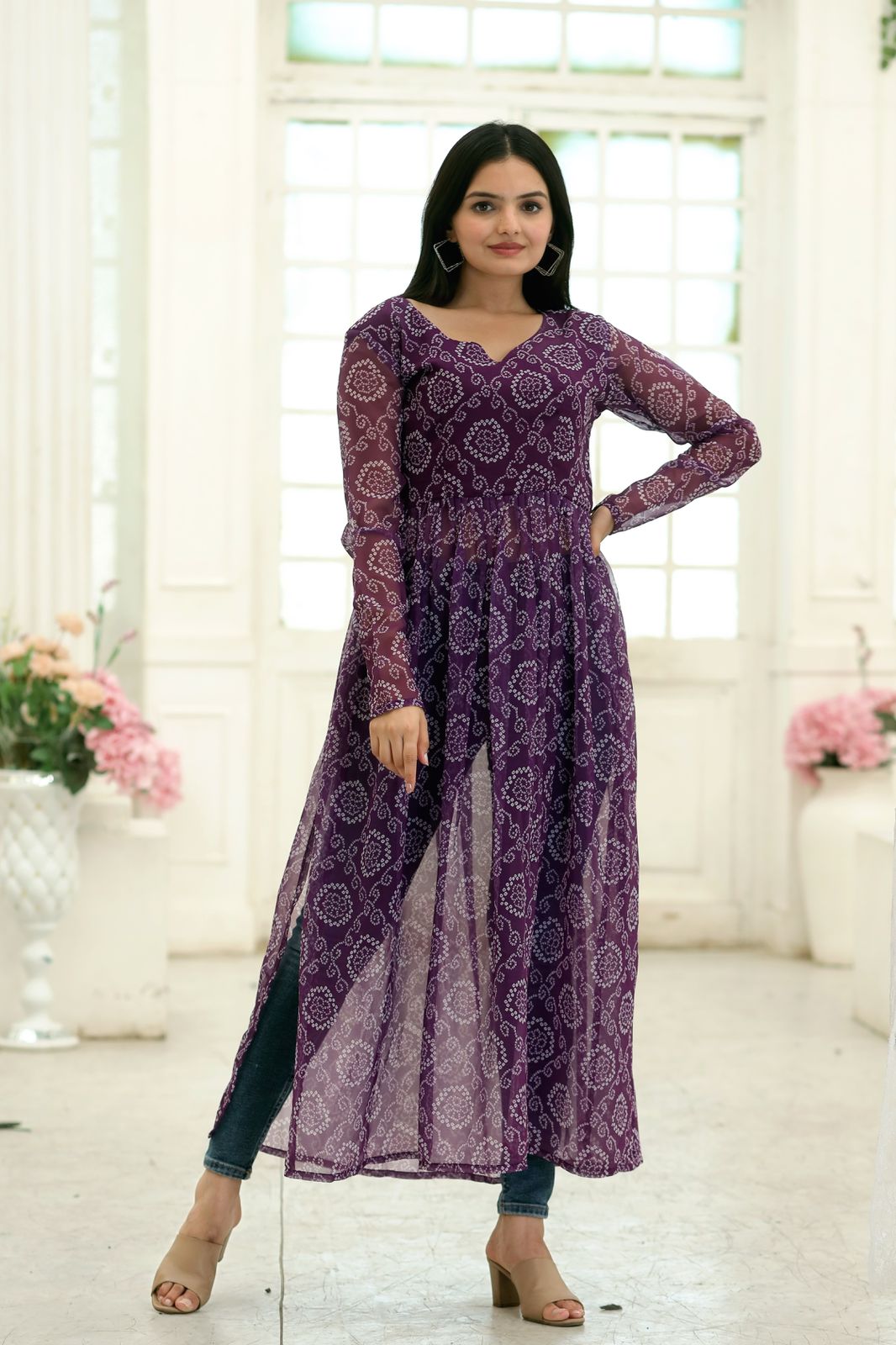 Superhit Wine Color Bandhej Digital Print Kurti