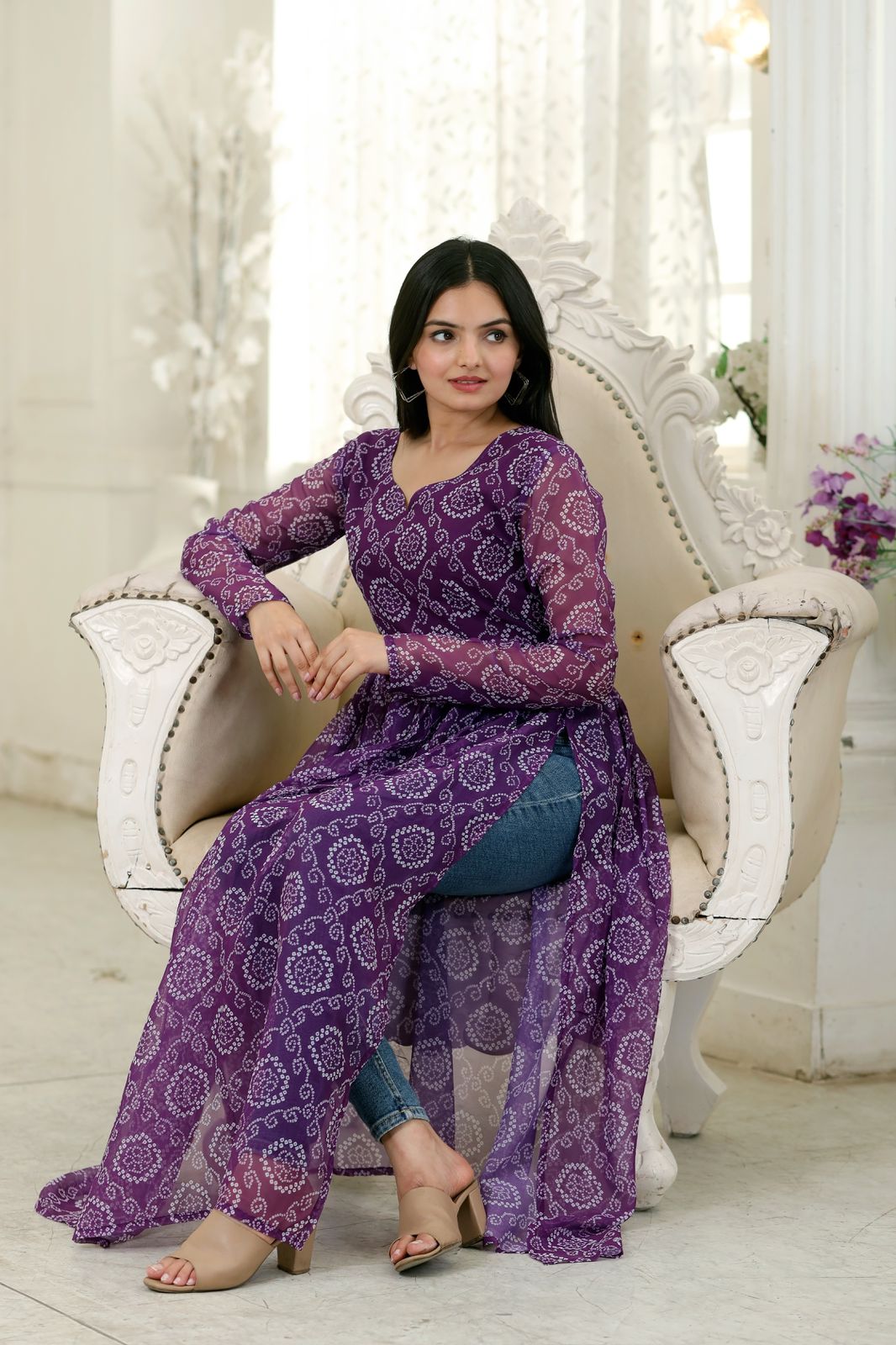 Superhit Wine Color Bandhej Digital Print Kurti