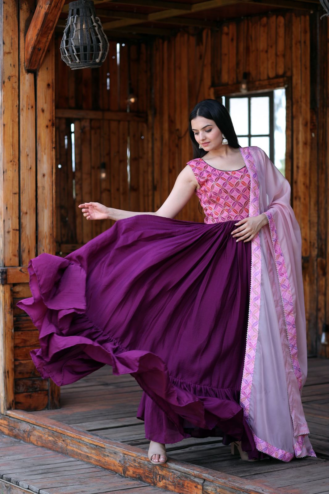 Flattering Position Print Work Wine Color Gown