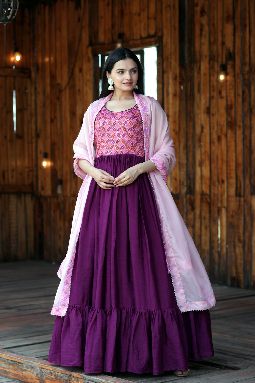 Flattering Position Print Work Wine Color Gown