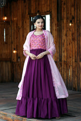 Flattering Position Print Work Wine Color Gown