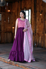 Flattering Position Print Work Wine Color Gown