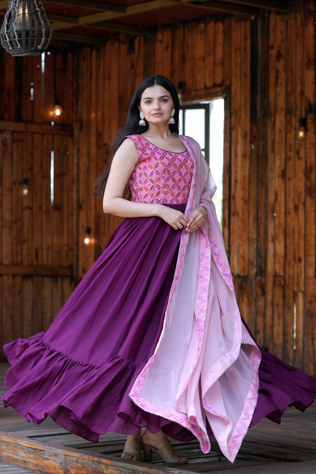 Flattering Position Print Work Wine Color Gown