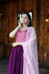 Flattering Position Print Work Wine Color Gown