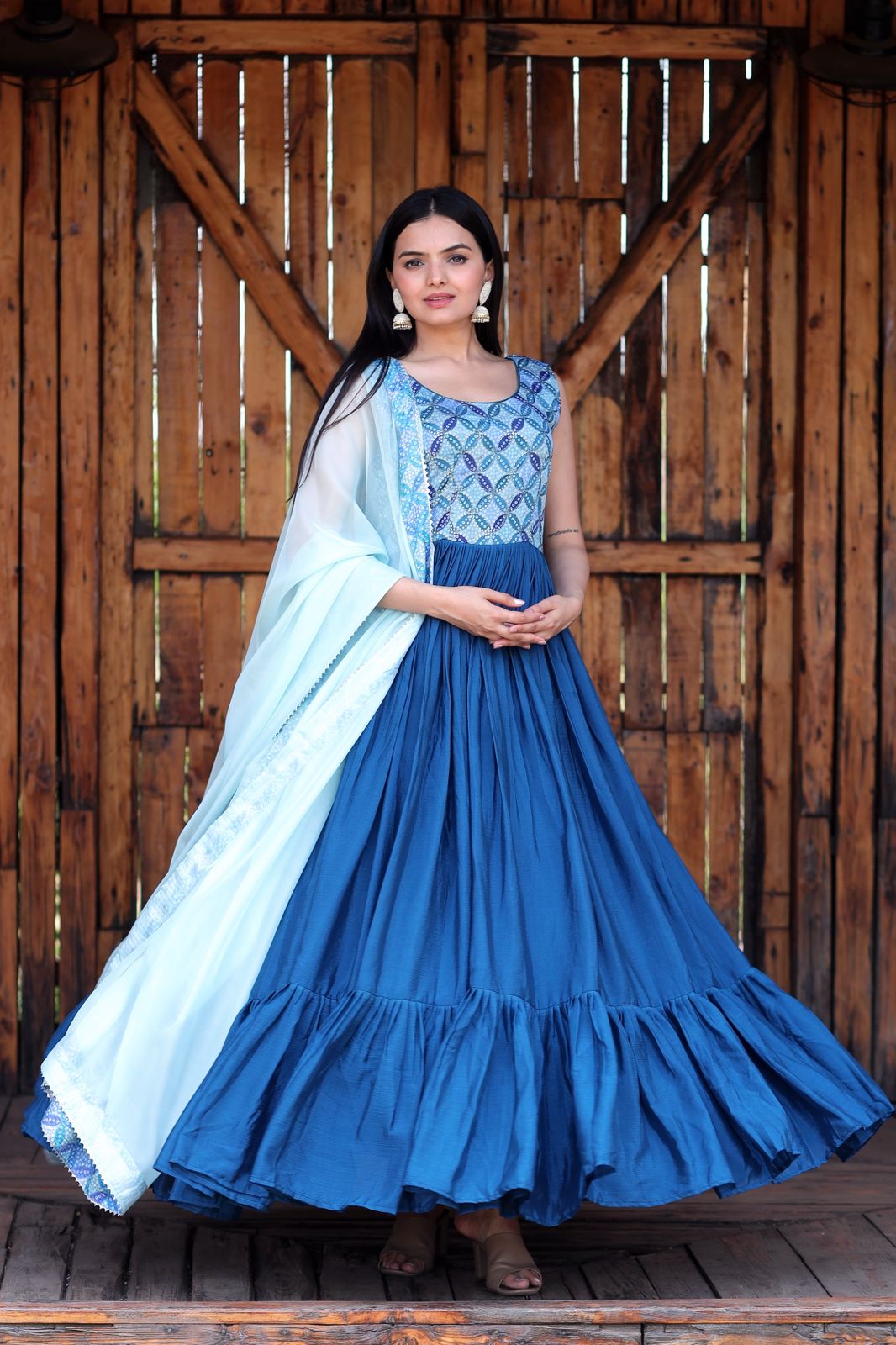 Flattering Position Print Work Blue Color Gown