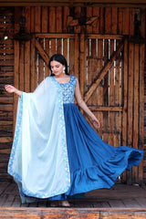 Flattering Position Print Work Blue Color Gown
