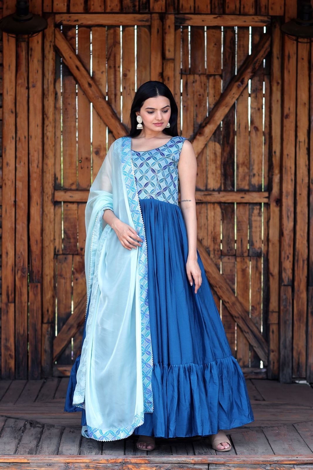 Flattering Position Print Work Blue Color Gown