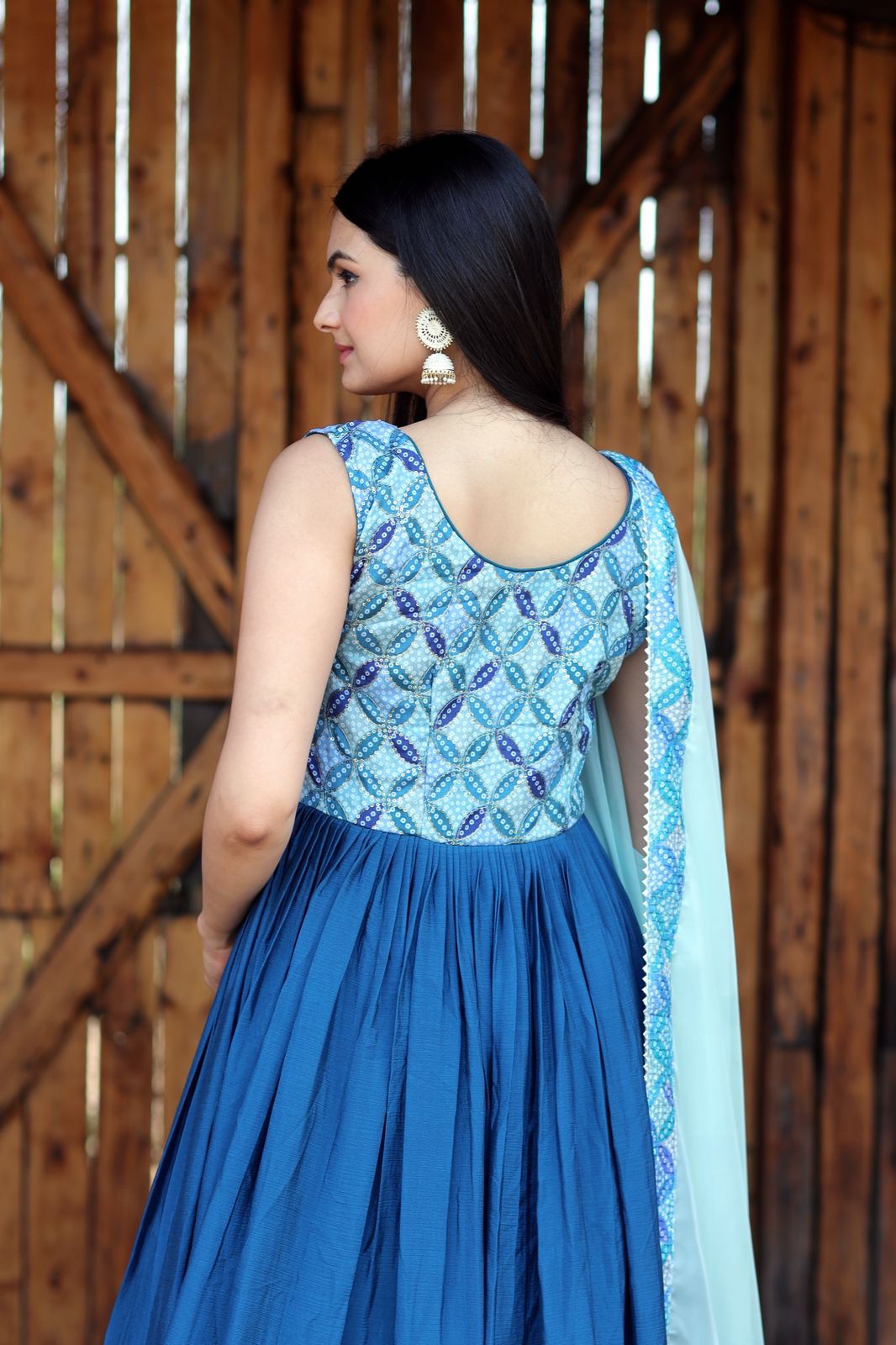 Flattering Position Print Work Blue Color Gown