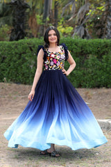 Multi Thread Work Blue Color Double Tone Gown