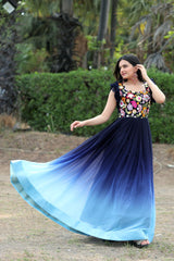 Multi Thread Work Blue Color Double Tone Gown